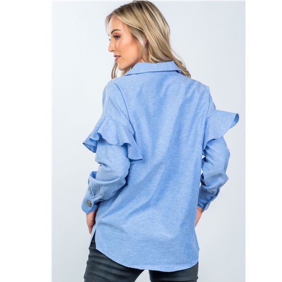 Blue Ruffle Drop Shoulder Shirt - Picture 2 of 6